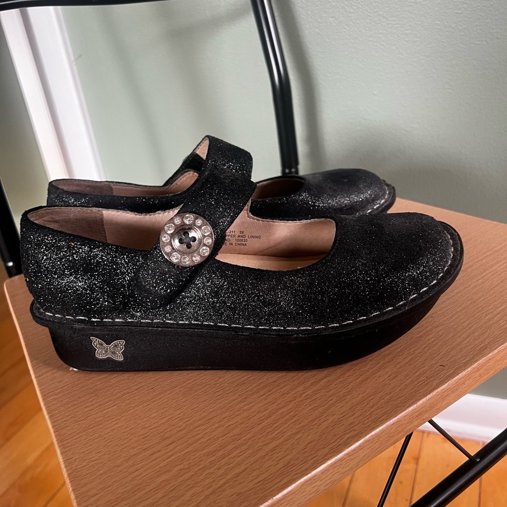 Alegria Black Suede Mary Jane Clogs with purple shimmer (38) - Picture 7 of 14
